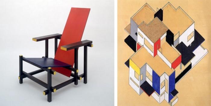 Chaise bleue et rouge, Gerrit Rietveld, 1918 (à gauche). Maison particulière, Théo van Doesburg, 1923 (à droite). Chaise bleue et rouge, Gerrit Rietveld, 1918 (à gauche). Maison particulière, Théo van Doesburg, 1923 (à droite)