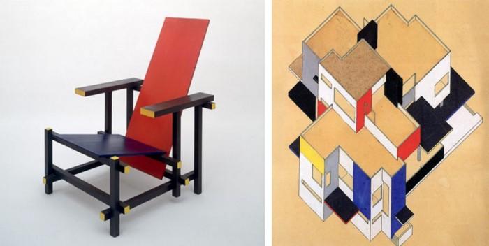 Chaise bleue et rouge, Gerrit Rietveld, 1918 (à gauche). Maison particulière, Théo van Doesburg, 1923 (à droite)