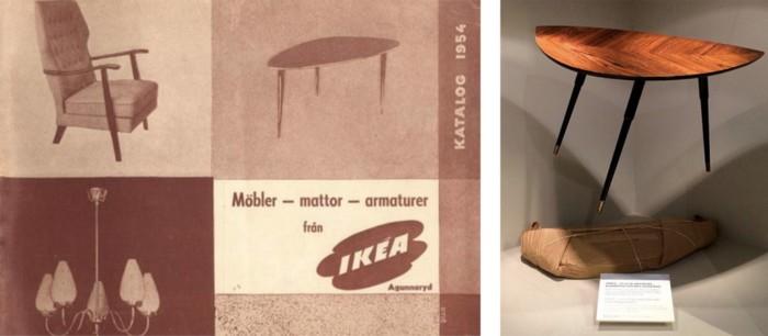 Catalogue ikéa, 1954 (à gauche). Table Lövet, ikéa, 1955 (à droite) : la première table vendue en paquet plat. Catalogue ikéa, 1954 (à gauche). Table Lövet, ikéa, 1955 (à droite) : la première table vendue en paquet plat