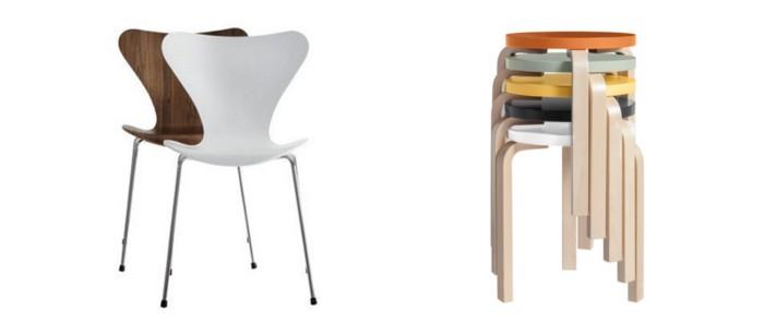 Chaise Ant série 7, Arne Jacobsen et Fritz Hansen, 1955 (à gauche). Tabouret Stool 60, Alvar Aalto, 1931-32 (à droite). Chaise Ant série 7, Arne Jacobsen et Fritz Hansen, 1955 (à gauche). Tabouret Stool 60, Alvar Aalto, 1931-32 (à droite)
