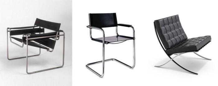 Fauteuil Wassily, Marcel Breuer, 1925 (à gauche). Chaise B33, Marcel Breuer, 1928 (au centre). Fauteuil Barcelona, Ludwig Mies Van Der Rohe, 1929 (à droite)