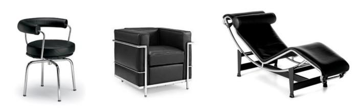 Chaise LC7, 1925 (à gauche). LC2 Fauteuil Grand confort LC2, 1928 (au centre). Chaise longue LC4, 1928 (à droite). Le Corbusier, Charlotte Perriand et Pierre Jeanneret. Chaise LC7, 1925 (à gauche). LC2 Fauteuil Grand confort LC2, 1928 (au centre). Chaise longue LC4, 1928 (à droite). Le Corbusier, Charlotte Perriand et Pierre Jeanneret