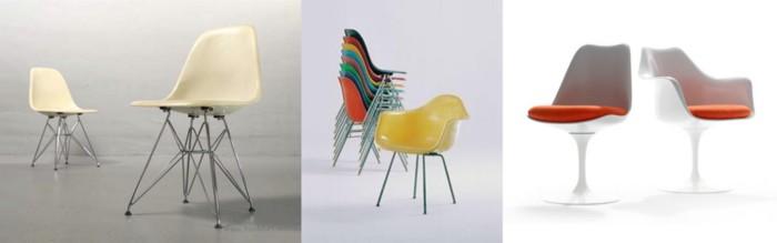 Chaise Eiffel tower, Charles Eames, 1950 (à gauche). Chaise DSS, Charles Eames, 1954 (au centre). Chaise tulipe, Eero Saarinen, 1948 (à droite). Chaise Eiffel tower, Charles Eames, 1950 (à gauche). Chaise DSS, Charles Eames, 1954 (au centre). Chaise tulipe, Eero Saarinen, 1948 (à droite)