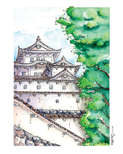 Aquarelle signée du château d’Himeji : murs blancs, toits de tuiles à pignons et remparts de pierre, bordés d’un grand arbre vert.